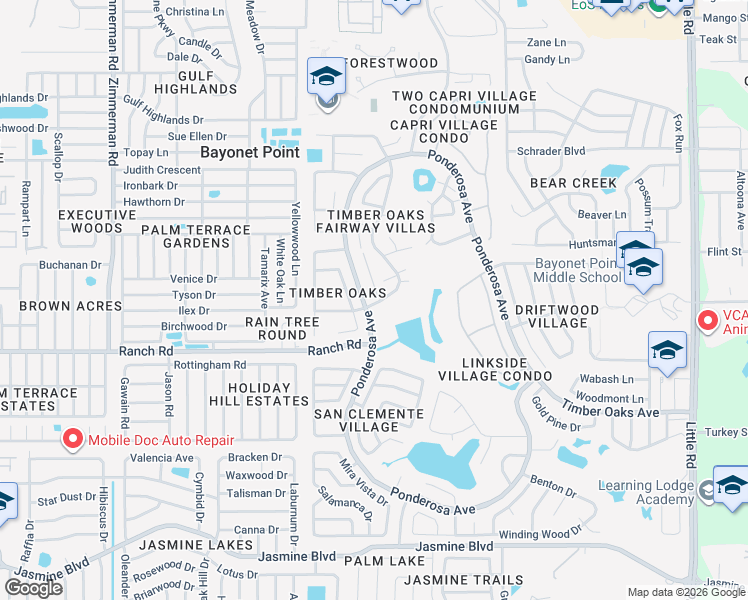map of restaurants, bars, coffee shops, grocery stores, and more near 3 Carriage Hill Drive in Port Richey