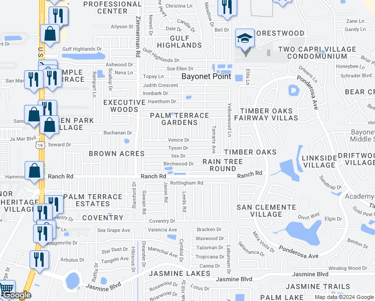 map of restaurants, bars, coffee shops, grocery stores, and more near 7724 Tyson Drive in Port Richey