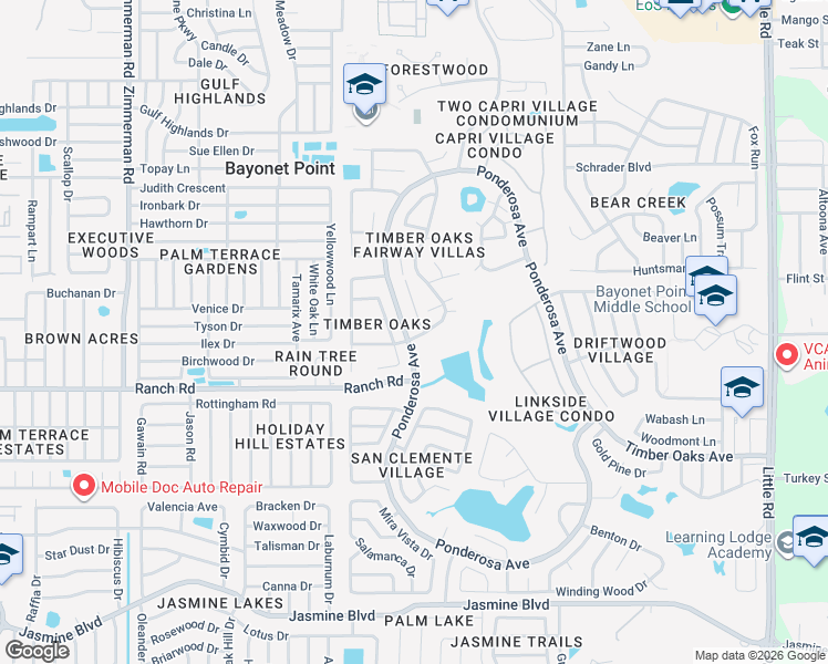 map of restaurants, bars, coffee shops, grocery stores, and more near 3 Carriage Hill Drive in Port Richey