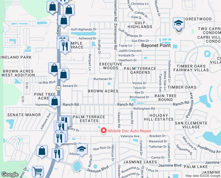 map of restaurants, bars, coffee shops, grocery stores, and more near 11114 McKinley Drive in Port Richey
