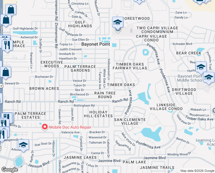 map of restaurants, bars, coffee shops, grocery stores, and more near 11106 Yellowwood Lane in Port Richey