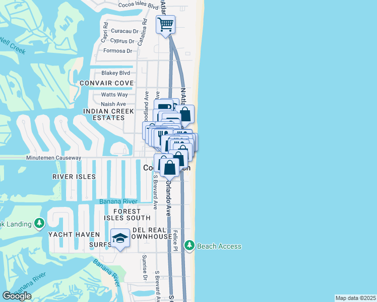map of restaurants, bars, coffee shops, grocery stores, and more near 18 Minutemen Causeway in Cocoa Beach