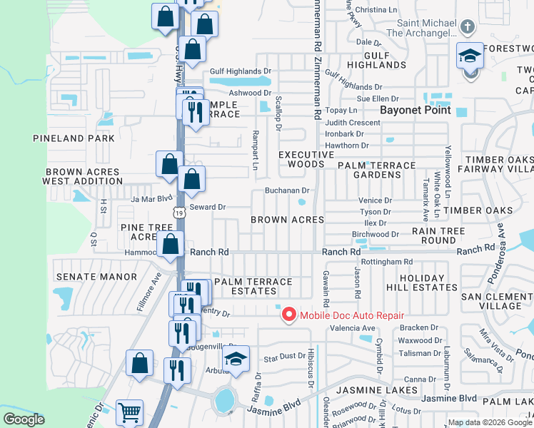 map of restaurants, bars, coffee shops, grocery stores, and more near 11118 Taft Drive in Port Richey