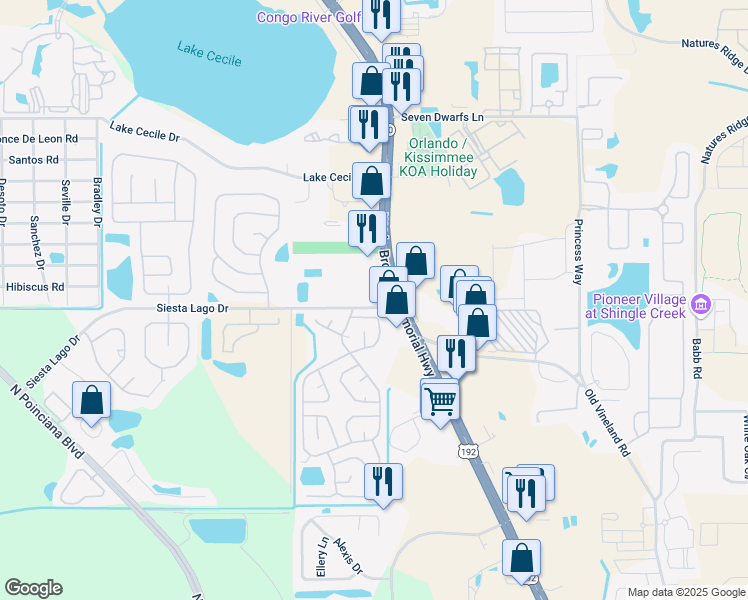 map of restaurants, bars, coffee shops, grocery stores, and more near 4694 U.S. 192 in Kissimmee