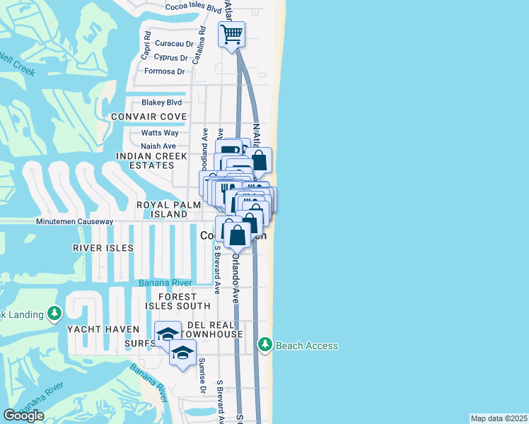 map of restaurants, bars, coffee shops, grocery stores, and more near 18 Minutemen Causeway in Cocoa Beach