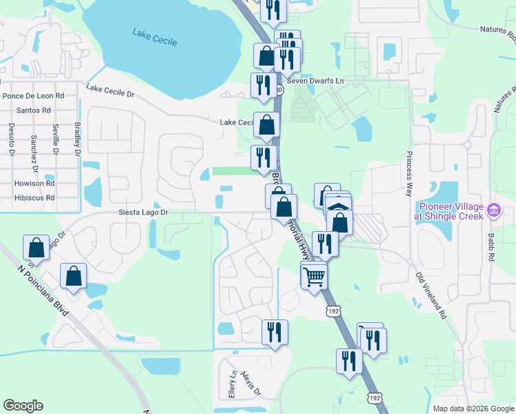 map of restaurants, bars, coffee shops, grocery stores, and more near 4690-4714 Siesta Lago Dr in Kissimmee