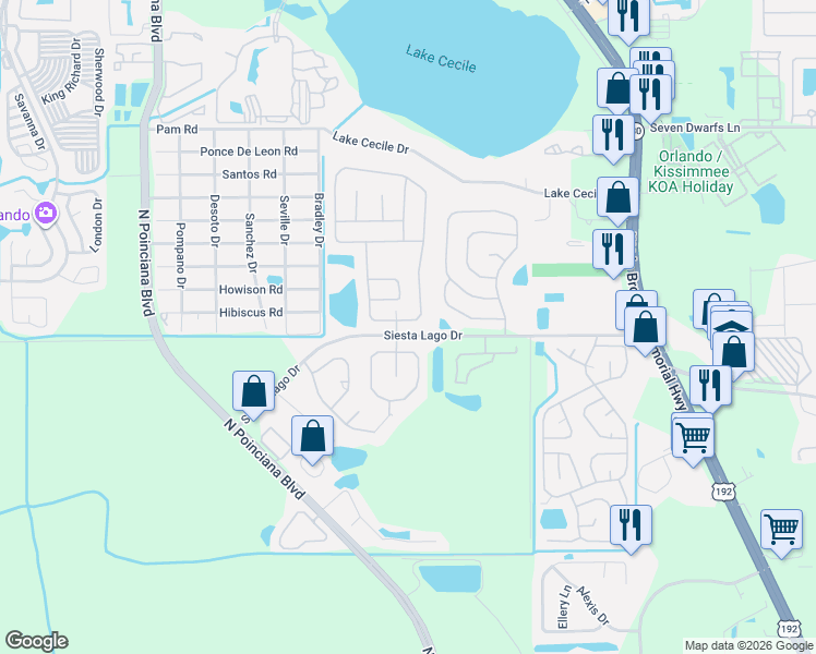 map of restaurants, bars, coffee shops, grocery stores, and more near 2580 Davenport Circle in Kissimmee