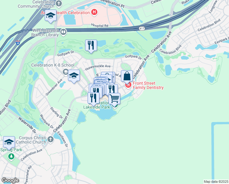 map of restaurants, bars, coffee shops, grocery stores, and more near 623 Front Street in Celebration