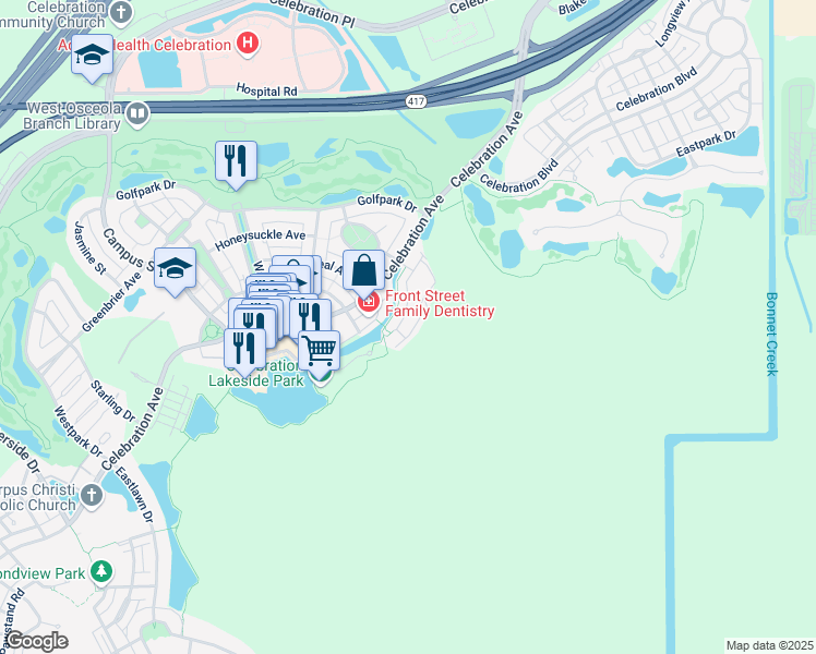 map of restaurants, bars, coffee shops, grocery stores, and more near 513 Mirasol Circle in Celebration