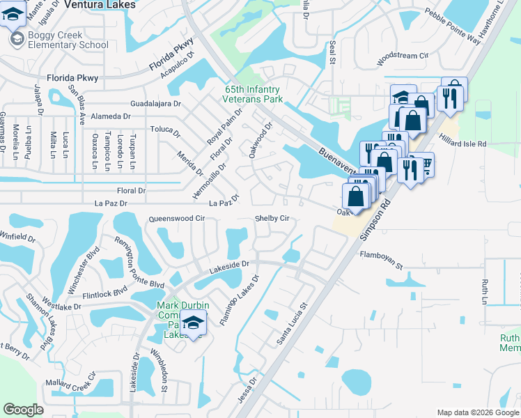 map of restaurants, bars, coffee shops, grocery stores, and more near 58 Silver Park Circle in Kissimmee
