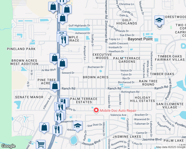 map of restaurants, bars, coffee shops, grocery stores, and more near 11120 Harding Drive in Port Richey