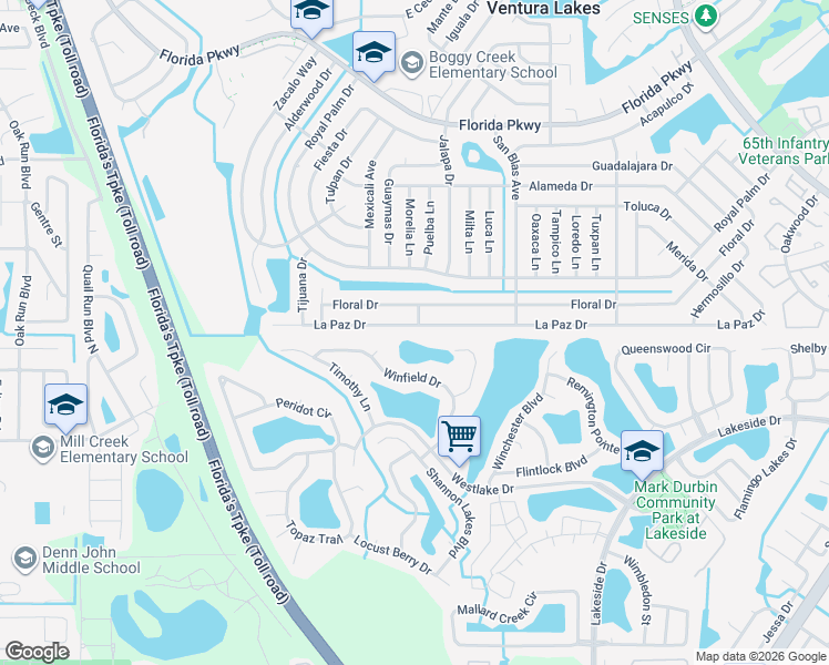map of restaurants, bars, coffee shops, grocery stores, and more near 324 La Paz Drive in Kissimmee