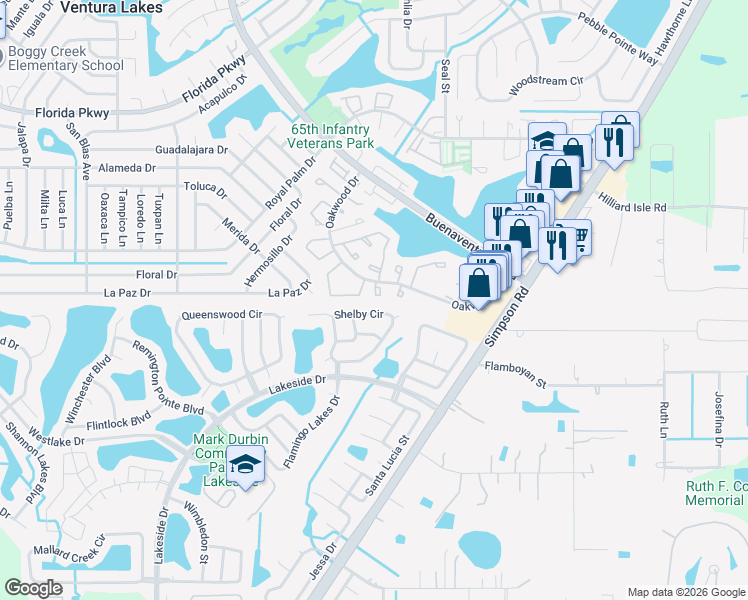 map of restaurants, bars, coffee shops, grocery stores, and more near 43 Las Palmas Way in Kissimmee