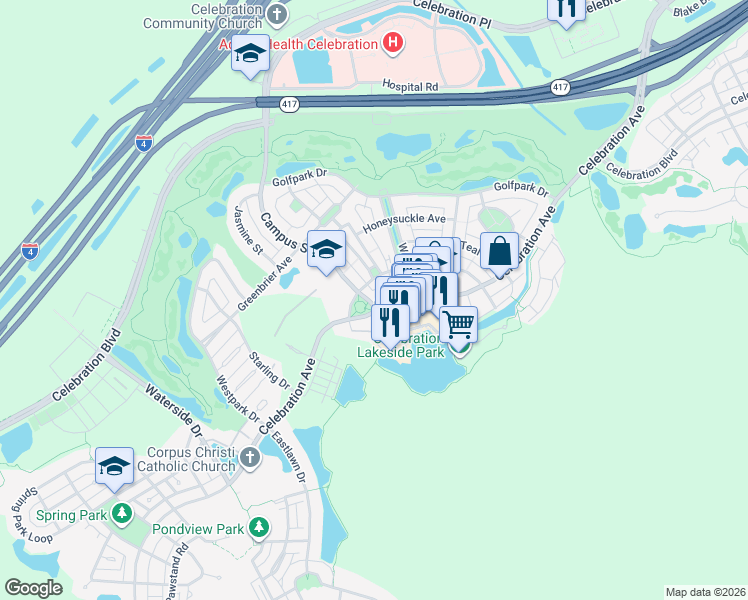 map of restaurants, bars, coffee shops, grocery stores, and more near 764 Celebration Avenue in Celebration