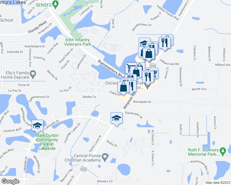 map of restaurants, bars, coffee shops, grocery stores, and more near 59 East Marbrisa Way in Kissimmee
