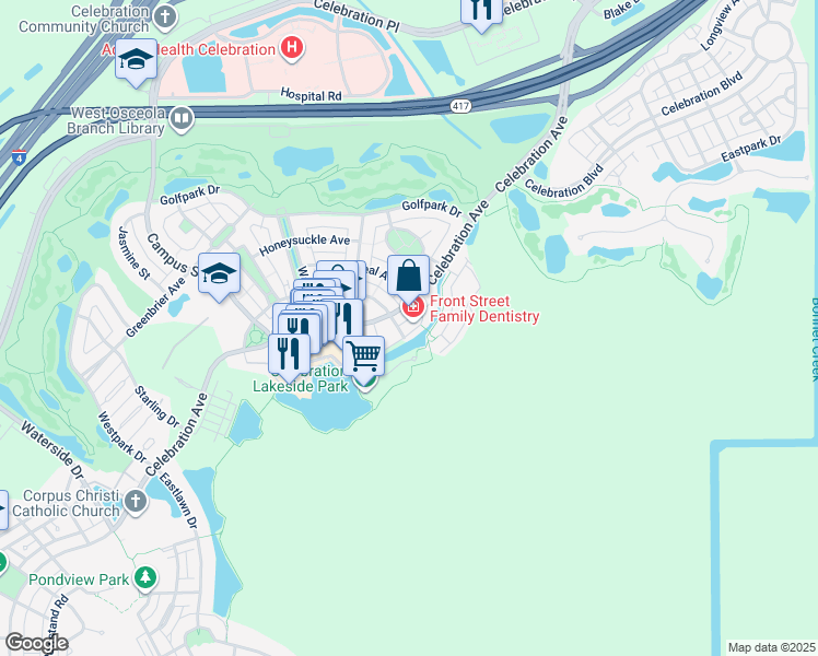 map of restaurants, bars, coffee shops, grocery stores, and more near 611 Front Street in Kissimmee
