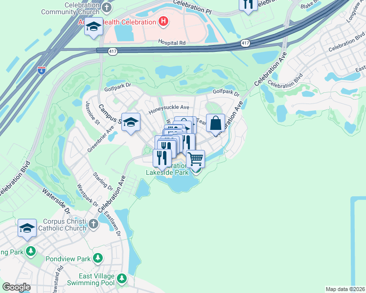 map of restaurants, bars, coffee shops, grocery stores, and more near 671 Front Street in Celebration