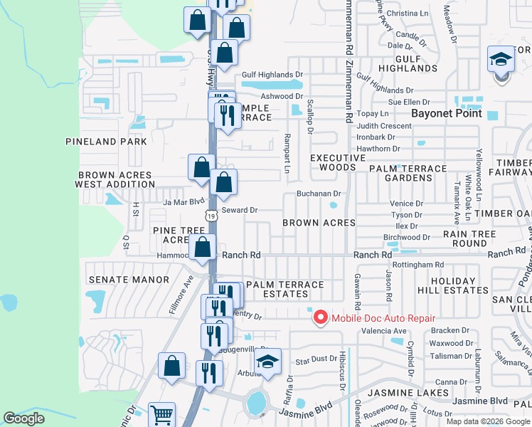 map of restaurants, bars, coffee shops, grocery stores, and more near 7126 Abigail Drive in Port Richey