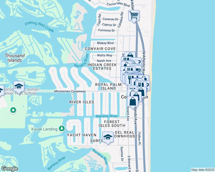map of restaurants, bars, coffee shops, grocery stores, and more near 525 Minutemen Causeway in Cocoa Beach