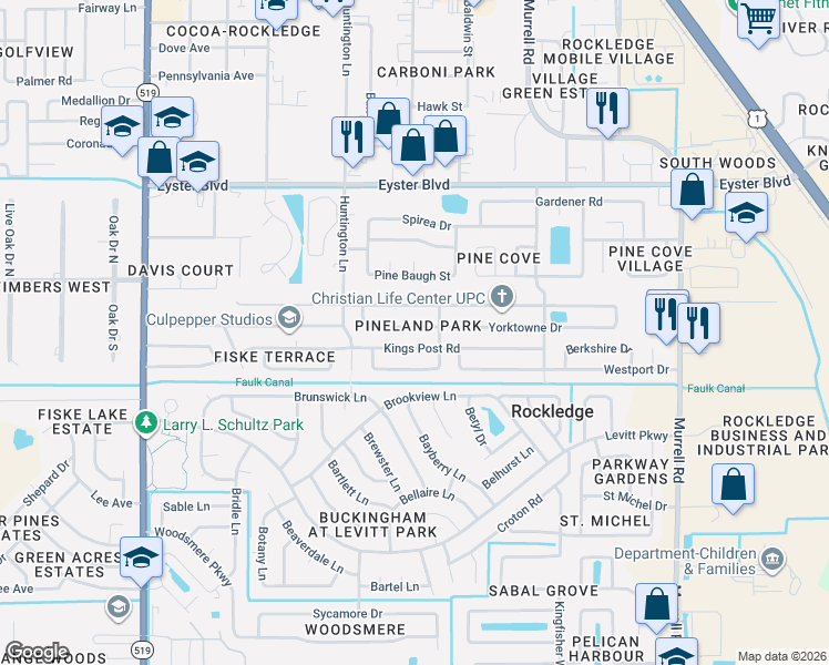 map of restaurants, bars, coffee shops, grocery stores, and more near 907 Kings Post Road in Rockledge