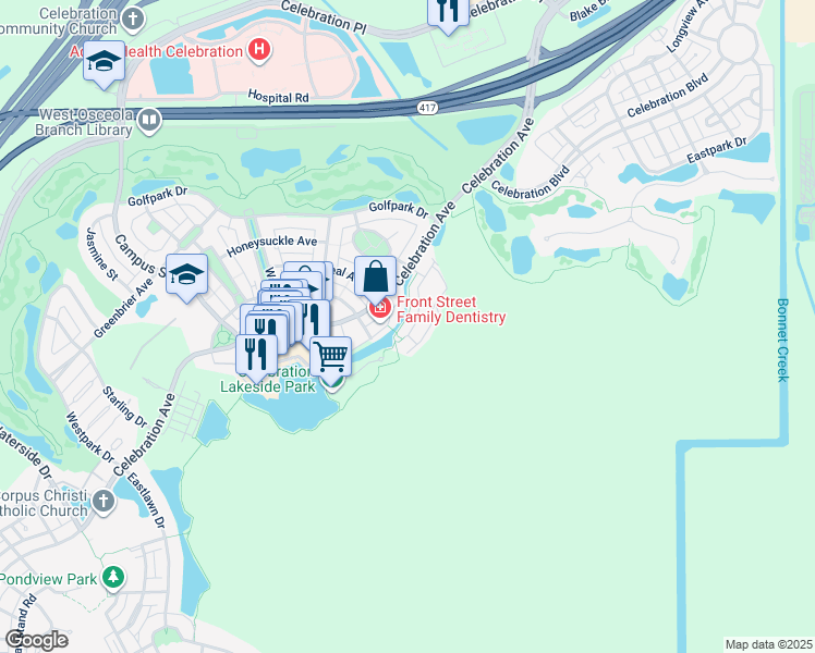 map of restaurants, bars, coffee shops, grocery stores, and more near 513 Mirasol Circle in Celebration
