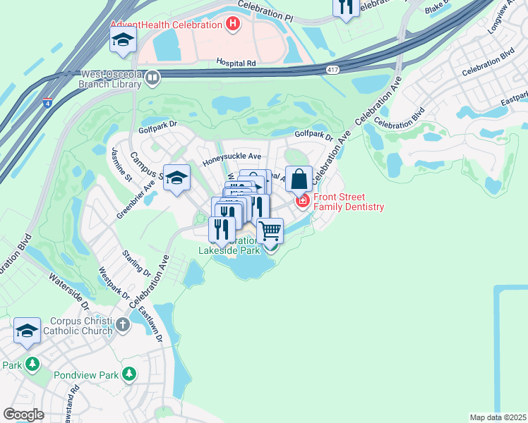 map of restaurants, bars, coffee shops, grocery stores, and more near 671 Front Street in Celebration