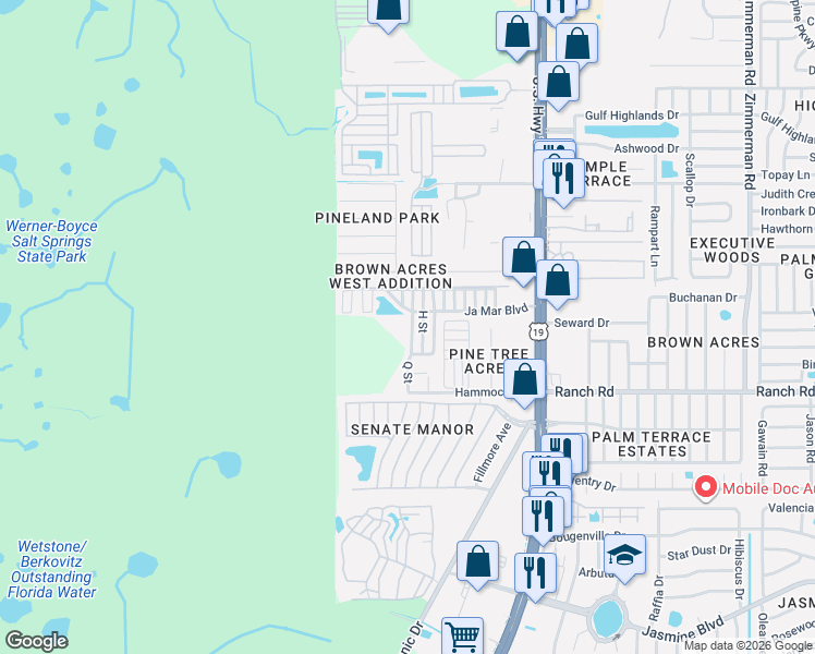 map of restaurants, bars, coffee shops, grocery stores, and more near 11115 H Street in Port Richey