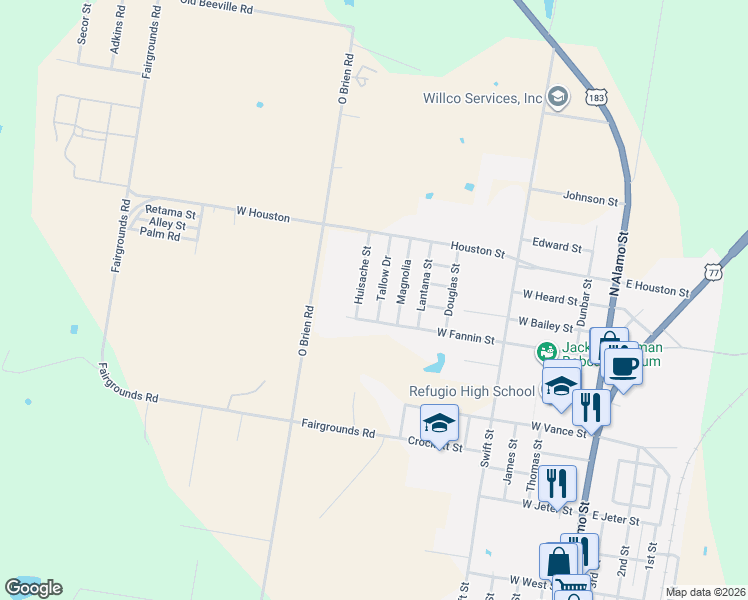 map of restaurants, bars, coffee shops, grocery stores, and more near 702 Tallow Drive in Refugio