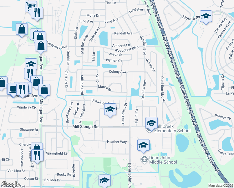map of restaurants, bars, coffee shops, grocery stores, and more near 1550 Massa Street in Kissimmee