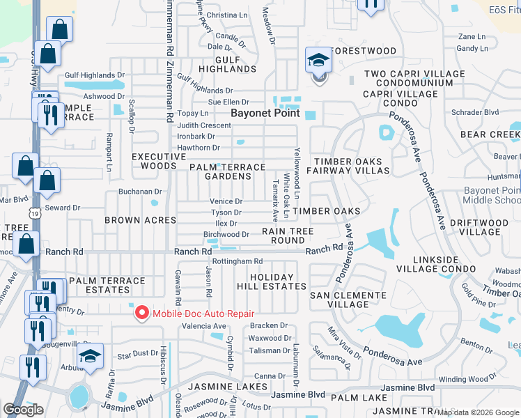 map of restaurants, bars, coffee shops, grocery stores, and more near 7815 Tyson Drive in Port Richey