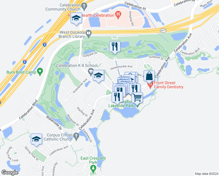 map of restaurants, bars, coffee shops, grocery stores, and more near 583 Campus Street in Celebration