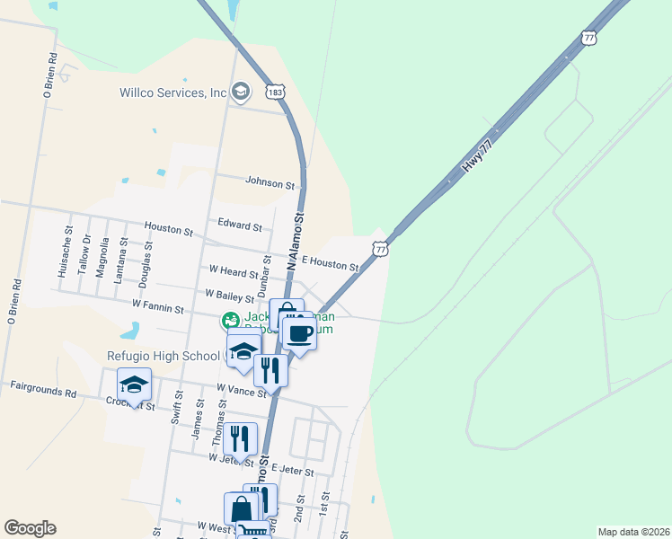 map of restaurants, bars, coffee shops, grocery stores, and more near 116 East Houston Street in Refugio
