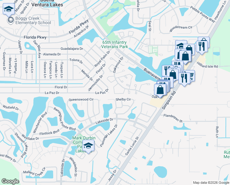 map of restaurants, bars, coffee shops, grocery stores, and more near 45 Silver Park Circle in Kissimmee