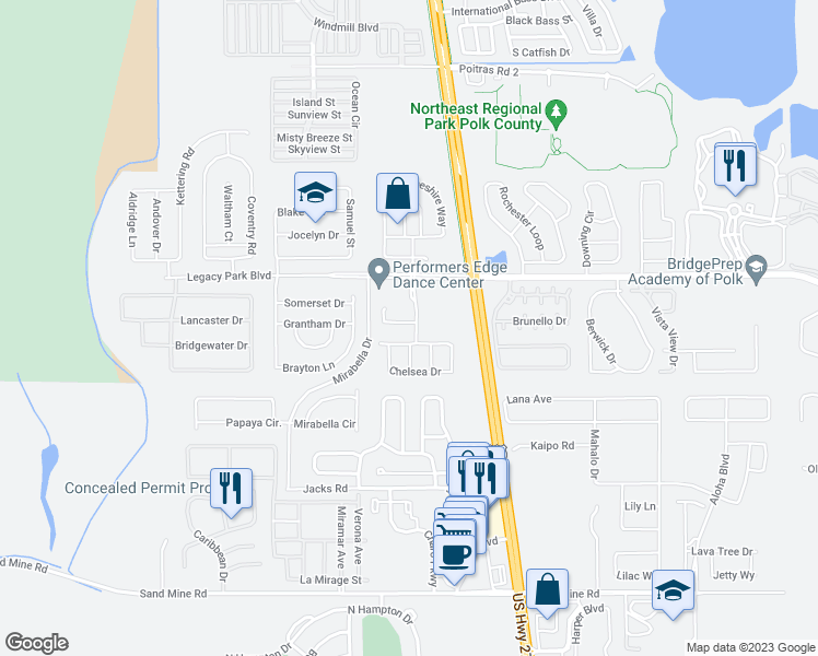 map of restaurants, bars, coffee shops, grocery stores, and more near 121 Bexley Drive in Davenport