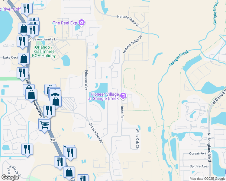map of restaurants, bars, coffee shops, grocery stores, and more near 2560 Shanti Drive in Kissimmee