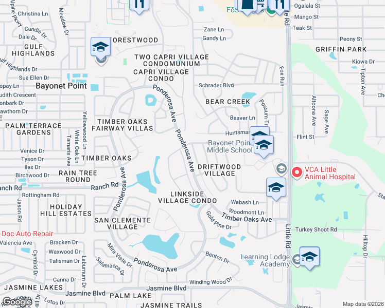 map of restaurants, bars, coffee shops, grocery stores, and more near 11204 Water Oak Drive in Port Richey