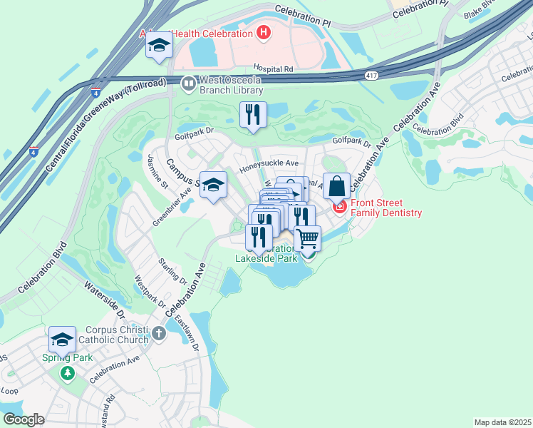 map of restaurants, bars, coffee shops, grocery stores, and more near 580 Water Street in Celebration