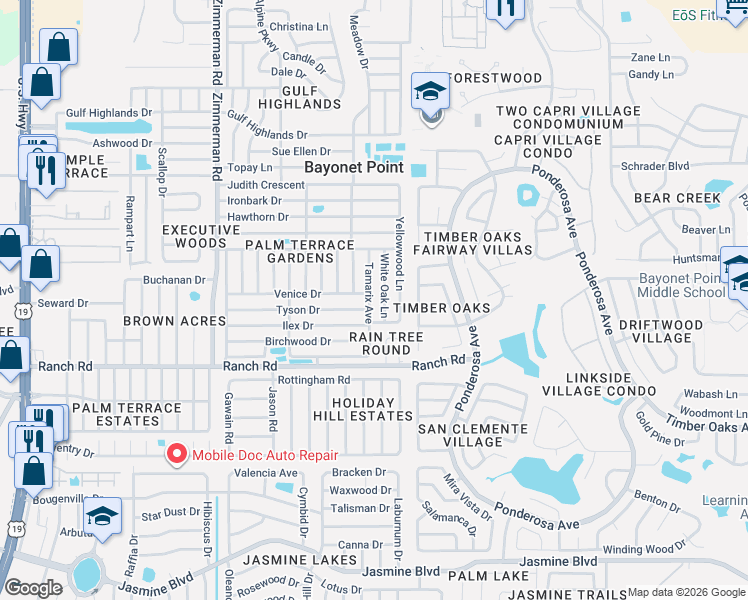 map of restaurants, bars, coffee shops, grocery stores, and more near 11130 Tamarix Avenue in Port Richey