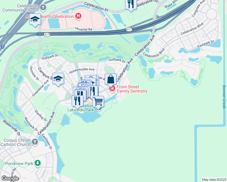 map of restaurants, bars, coffee shops, grocery stores, and more near 2 Celebration Avenue in Celebration