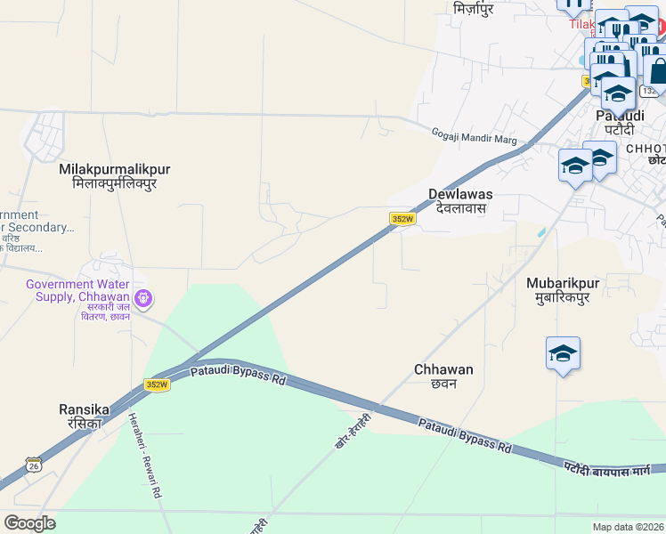 map of restaurants, bars, coffee shops, grocery stores, and more near State Highway 26 in Milakpurmalikpur