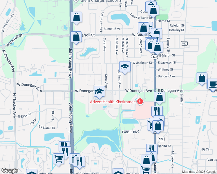 map of restaurants, bars, coffee shops, grocery stores, and more near 2518 Coral Avenue in Kissimmee