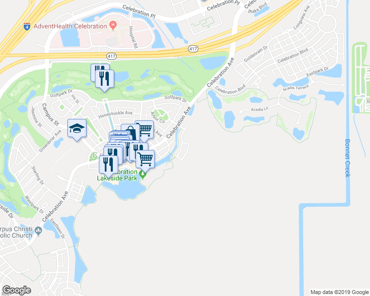 map of restaurants, bars, coffee shops, grocery stores, and more near 506 Mirasol Circle in Celebration