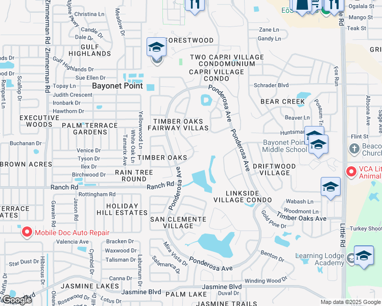 map of restaurants, bars, coffee shops, grocery stores, and more near 11210 Carriage Hill Drive in Port Richey