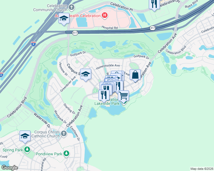 map of restaurants, bars, coffee shops, grocery stores, and more near 572 Water Street in Celebration