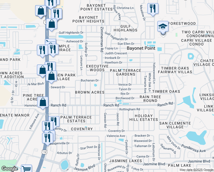 map of restaurants, bars, coffee shops, grocery stores, and more near 7514 Venice Drive in Port Richey