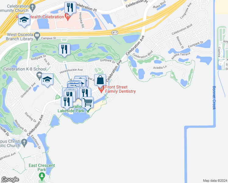 map of restaurants, bars, coffee shops, grocery stores, and more near 509 Mirasol Circle in Kissimmee