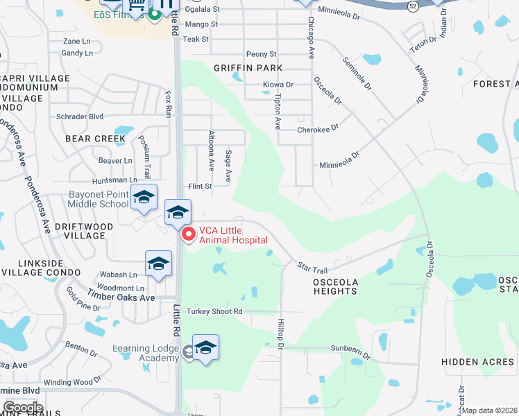 map of restaurants, bars, coffee shops, grocery stores, and more near 9334 Flint Street in New Port Richey
