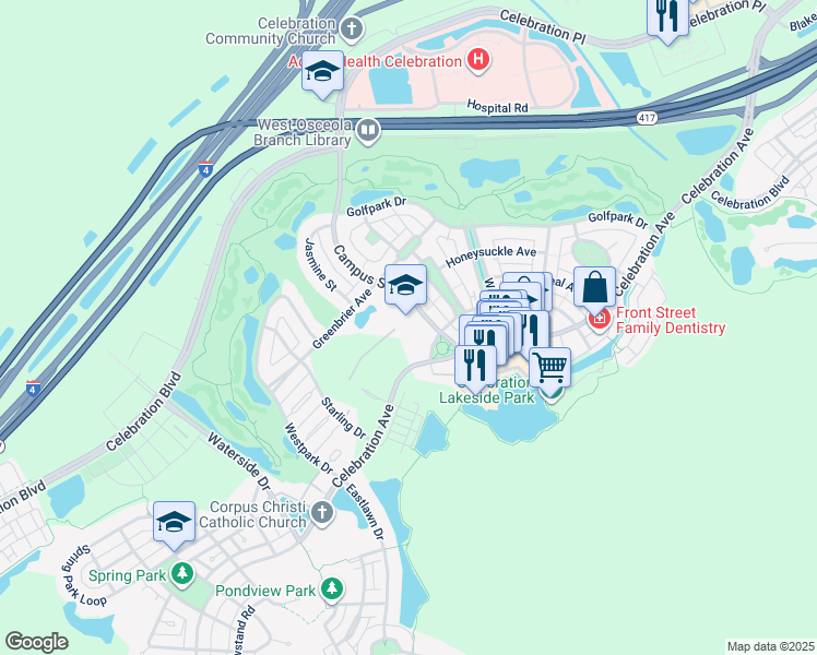 map of restaurants, bars, coffee shops, grocery stores, and more near 510 Campus Street in Kissimmee
