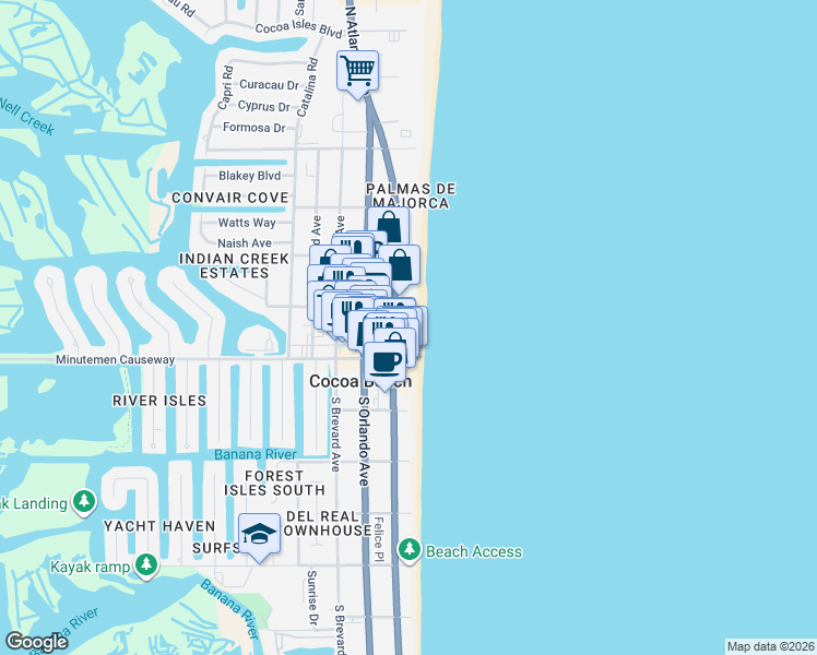 map of restaurants, bars, coffee shops, grocery stores, and more near 99 North Atlantic Avenue in Cocoa Beach
