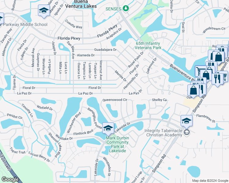 map of restaurants, bars, coffee shops, grocery stores, and more near 522 Floral Drive in Kissimmee